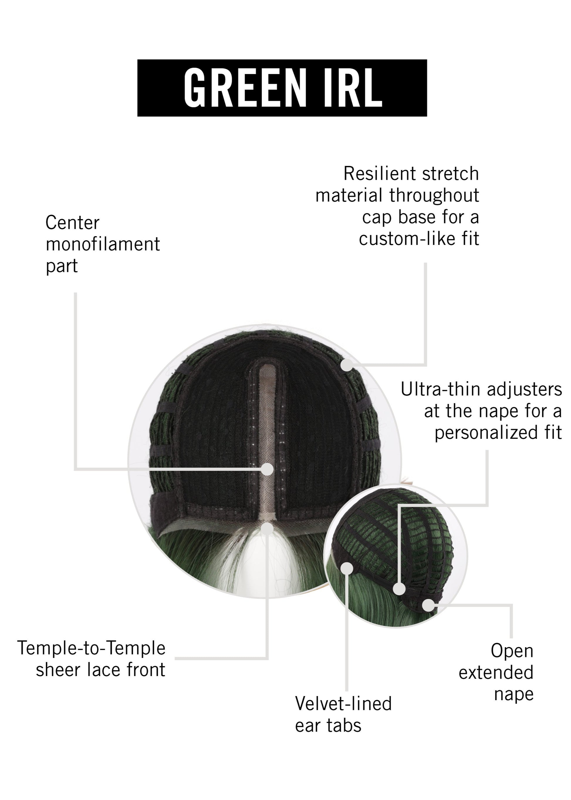 Green IRL wig by Hairdo Inside Cap Construction