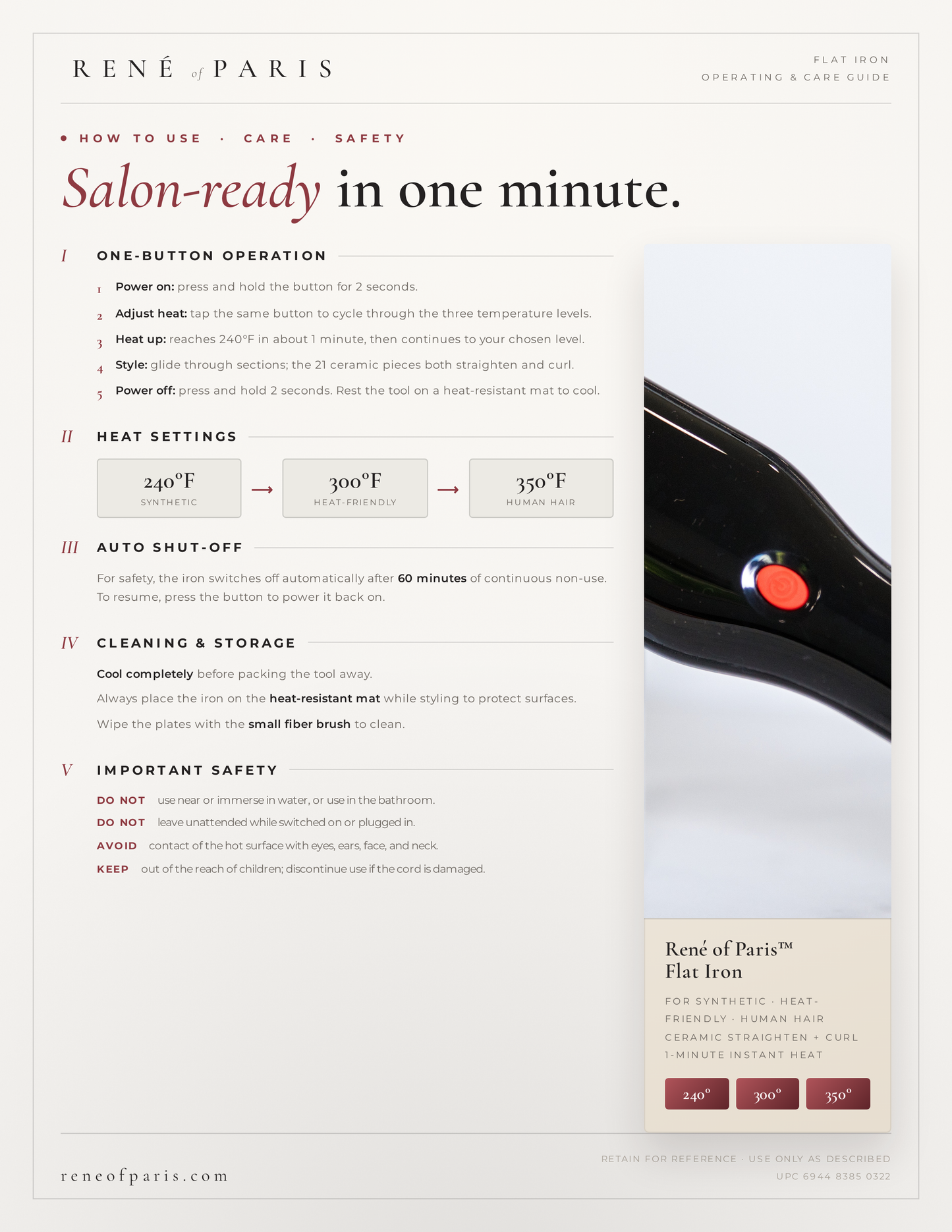 Flat Iron by René of Paris Hot Tool wig styling
